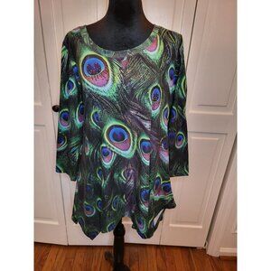 Green/Purple Peacock Print Tunic Rhinestones Handkerchief Hem L Mardi Gras Boho